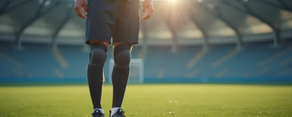 Photo réaliste d'un athlète debout dans un stade avec une genouillère visible, éclairage cinématographique, arrière-plan propre avec espace négatif