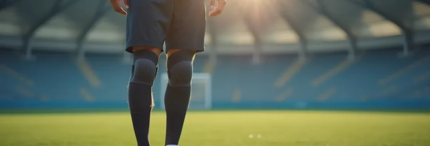 Photo réaliste d'un athlète debout dans un stade avec une genouillère visible, éclairage cinématographique, arrière-plan propre avec espace négatif