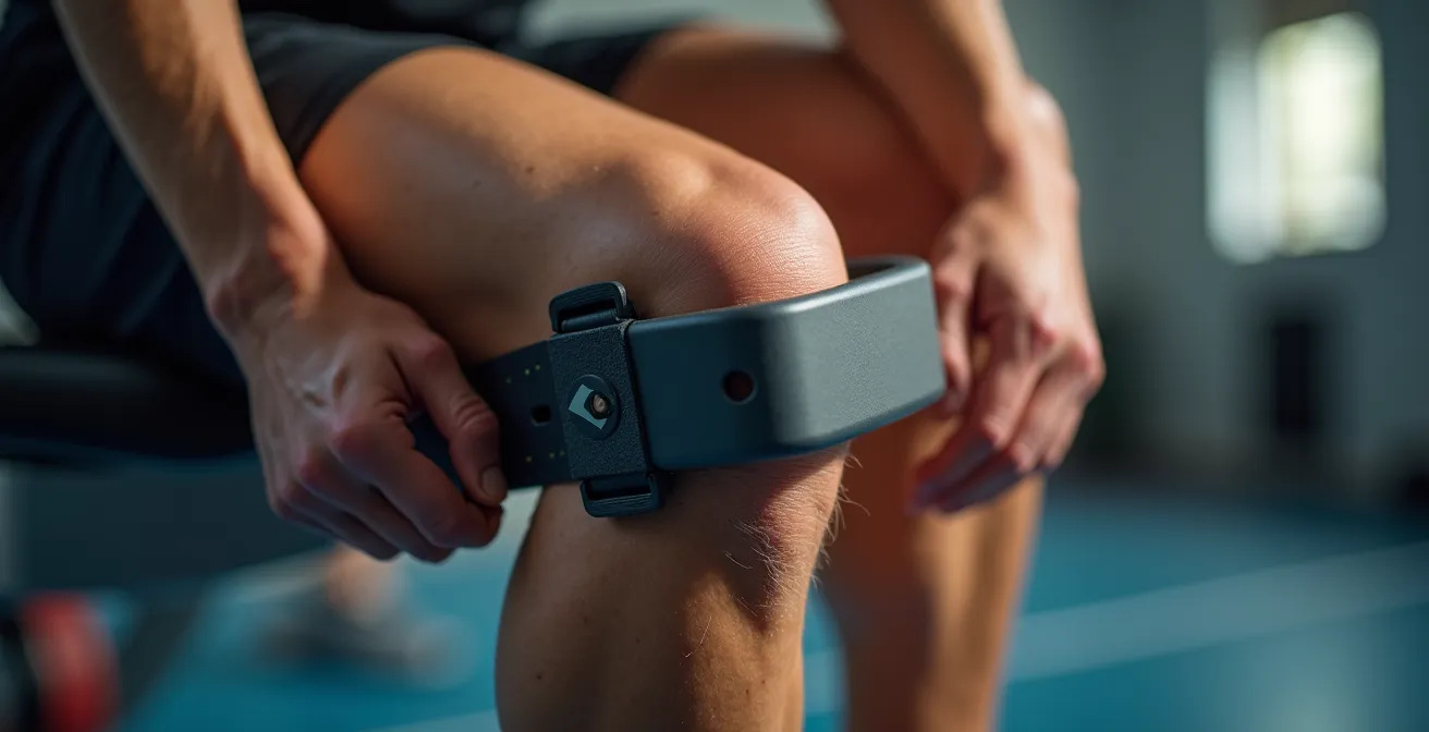 Macro detail of a knee alignment correction device on an athlete