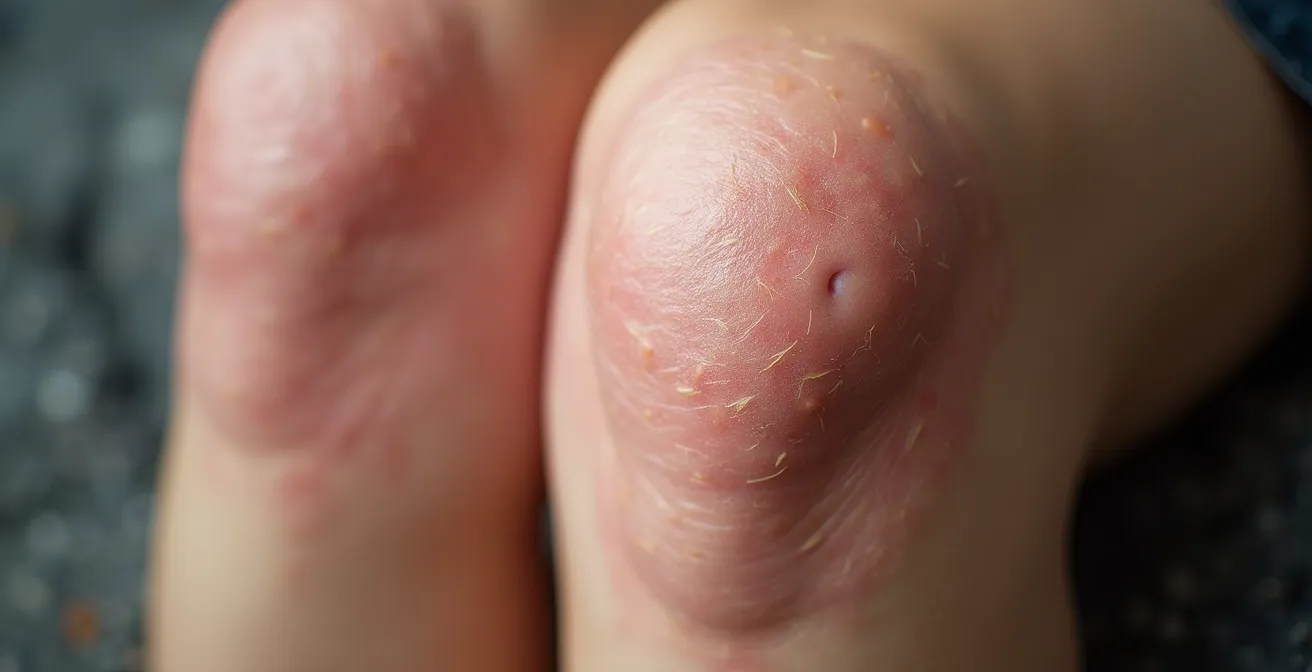 Macro photo of swollen knee skin with visible texture and natural light